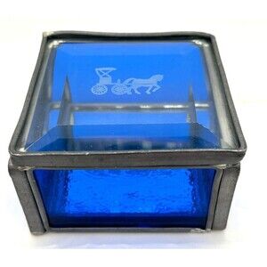 Stained Glass Trinket Box Cobalt Blue Mirrored Bottom Etched‎ Stage Coach Hinged